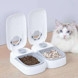Pet food dispenser with two compartments and a cat sitting next to it at Pet Servo