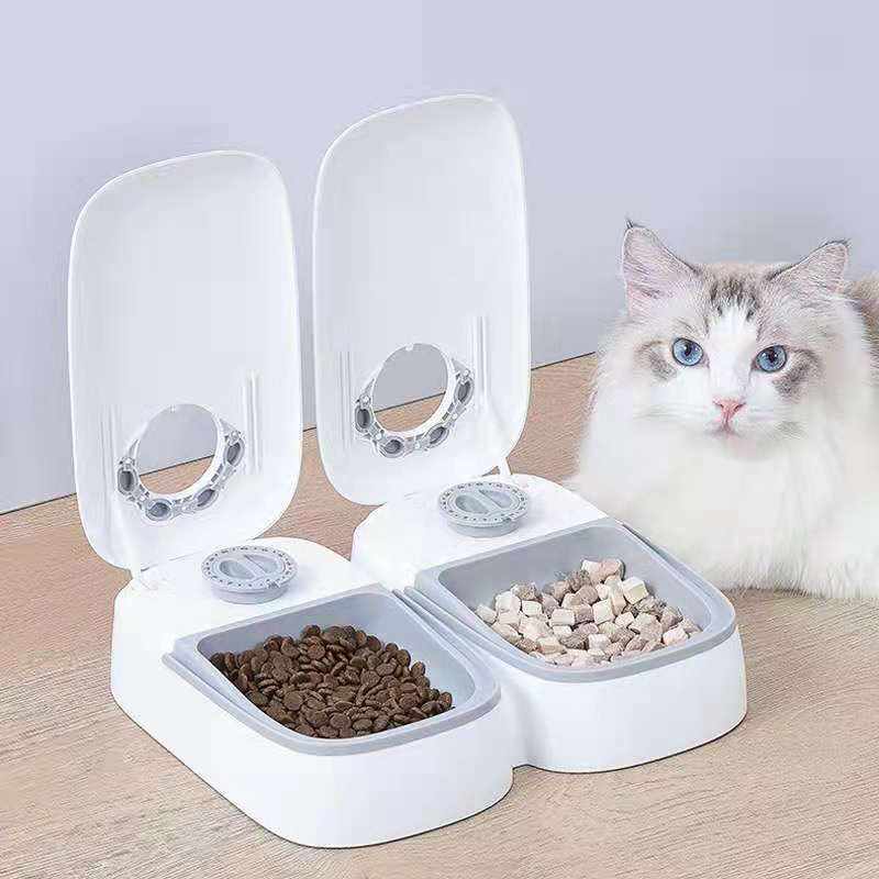 Pet food dispenser with two compartments and a cat sitting next to it at Pet Servo