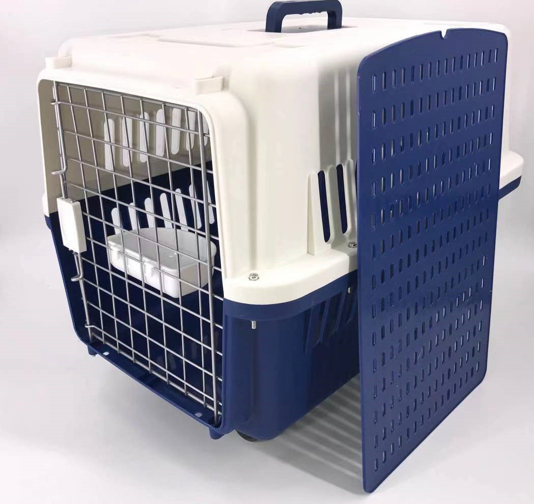 Blue and white pet carrier with open door on a white background at Pet Servo