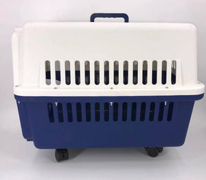 Blue and white pet carrier on a white background at Pet Servo
