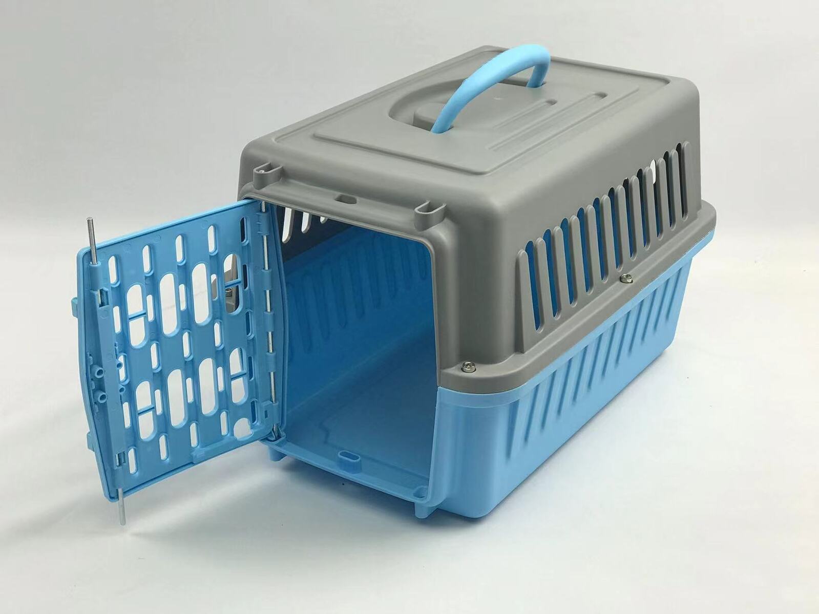 Pet carrier with blue interior and gray exterior on a white background at Pet Servo
