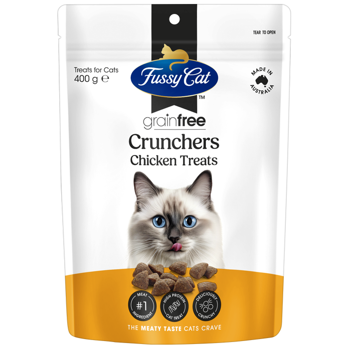 Fussy Cat grain-free Crunchers Chicken Treats packaging with a cat on the label at Pet Servo