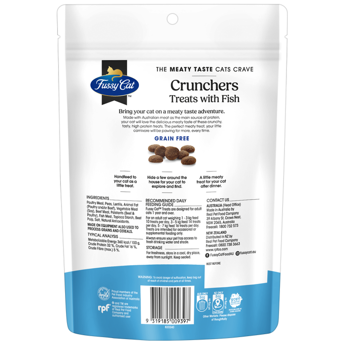 Fussy Cat Crunchers Treats packaging with text and branding on a white background at Pet Servo