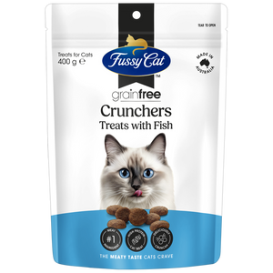 Fussy Cat grain-free Crunchers treats packaging with a cat on the label at Pet Servo