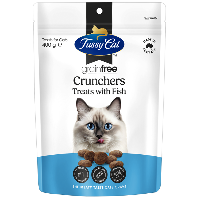 Fussy Cat grain-free Crunchers treats packaging with a cat on the label at Pet Servo