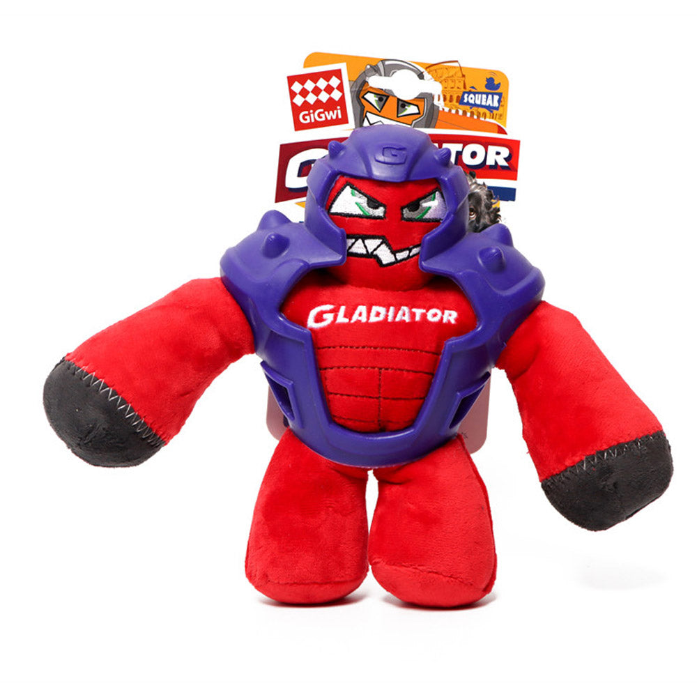 Red and purple plush toy with 'Gladiator' branding on a white background