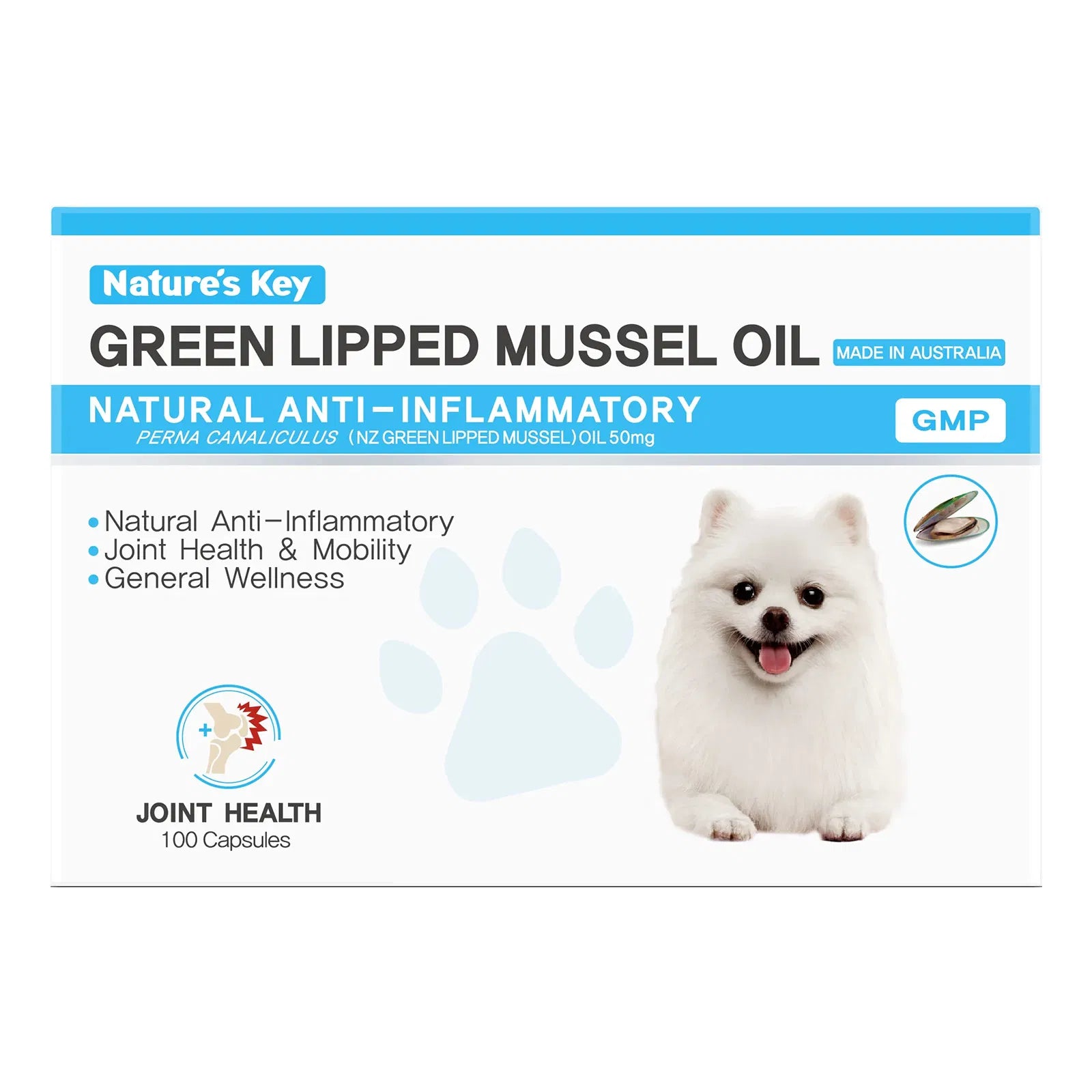 Advertisement for Nature's Key Green Lipped Mussel Oil with a white dog on a blue and white background at Pet Servo