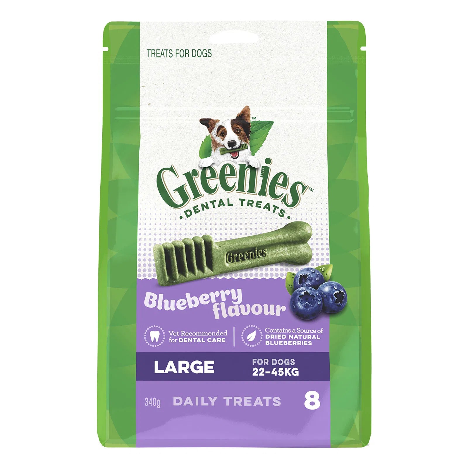 Greenies dental treats packaging for dogs with blueberry flavor on a white background at Pet Servo