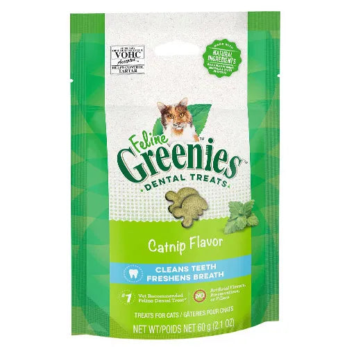 Feline Greenies dental treats packaging with catnip flavor on a white background at petservo