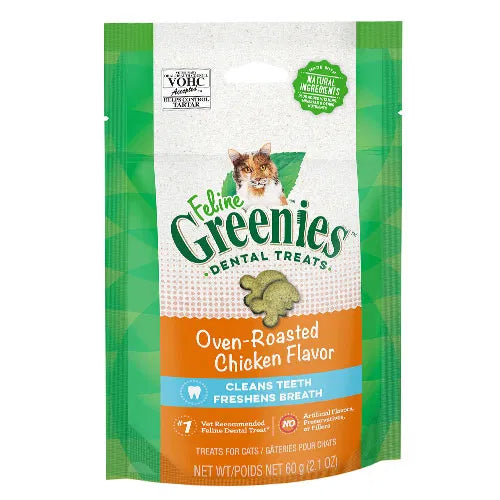 Feline Greenies dental treats 5 pack packaging with a cat illustration on a white background t Pet Servo