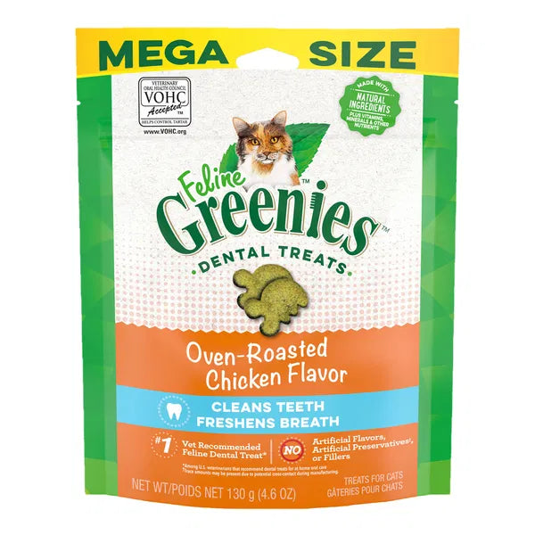 Feline Greenies dental treats package with a cat on the label