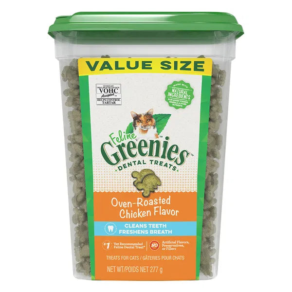 Feline Greenies dental treats 270gm container with green lid on a white background at Pet Servo