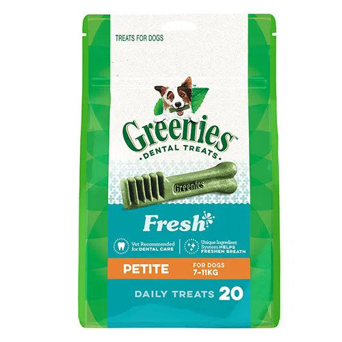 Greenies dental treats packaging for dogs on a white background at Pet Servo