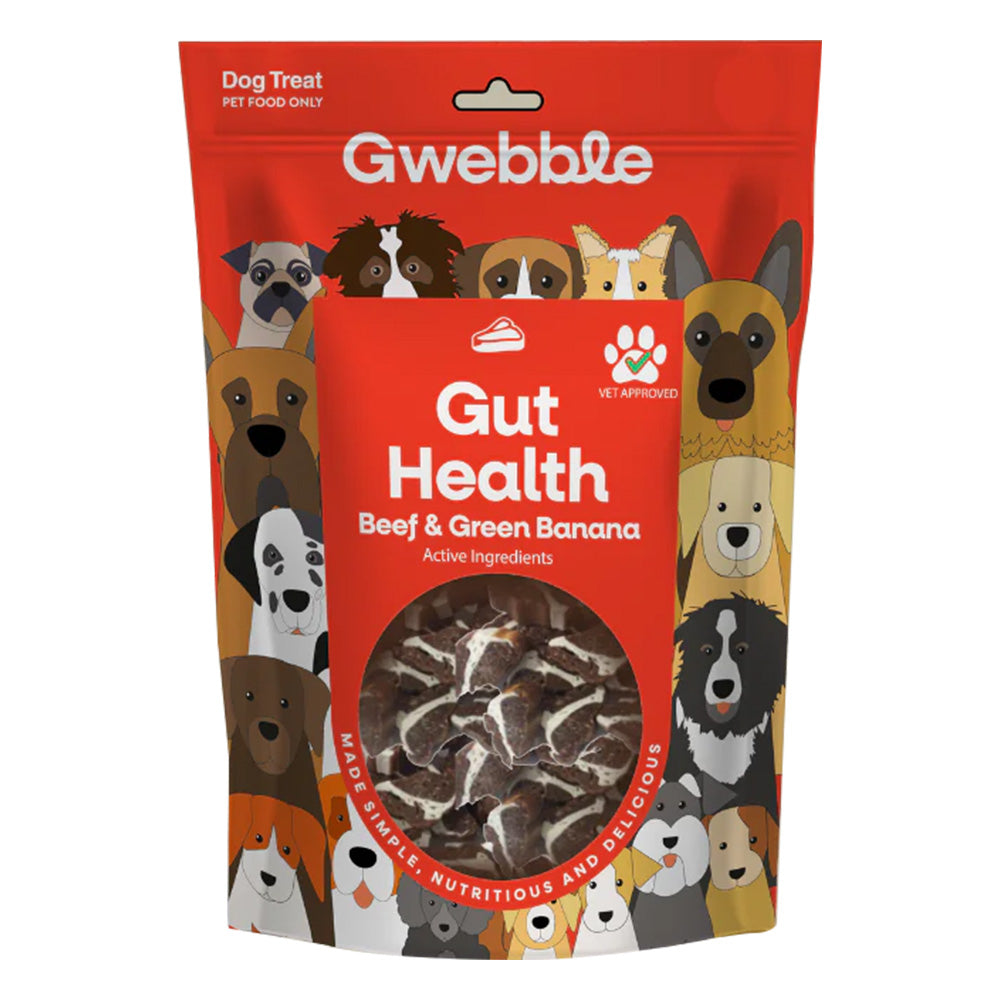 Gwebble dog treat package with various dog illustrations on a red background at Pet servo