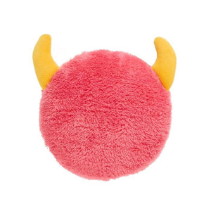 Pink plush toy with yellow horns on a white background