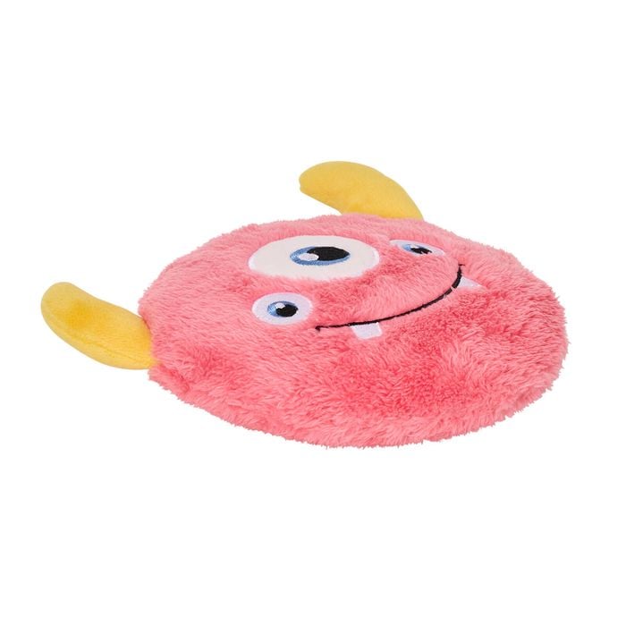 Pink plush toy with a smiling face and yellow accents on a white background