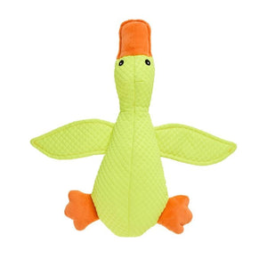 Green plush duck toy with orange accents on a white background at Petservo