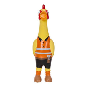 Toy chicken figure wearing a high-visibility safety vest on a white background