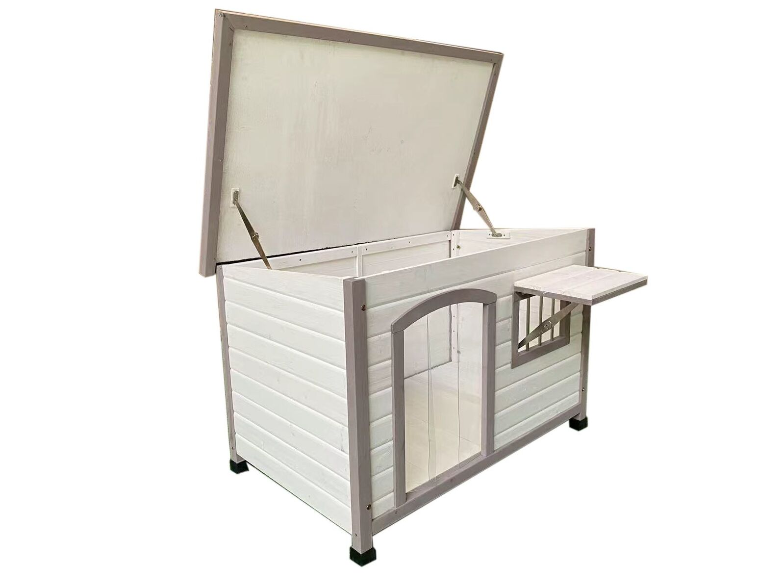 White pet crate with a gray door and lid on a white background at Pet Servo