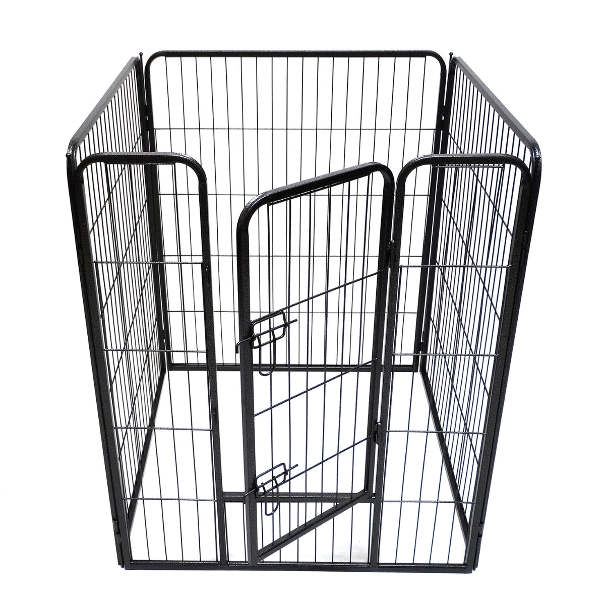 Black metal wire pet playpen with a hinged gate and lock, shown assembled on a plain white background at Pet Servo