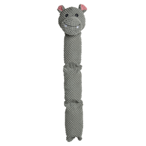 Gray hippo-shaped knitted toy on a white background