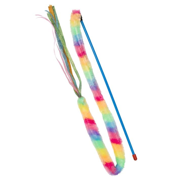 Colorful cat toy with a long, multicolored tail and a blue handle on a white background