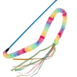 Colorful whip with rainbow handle and tassels on a white background