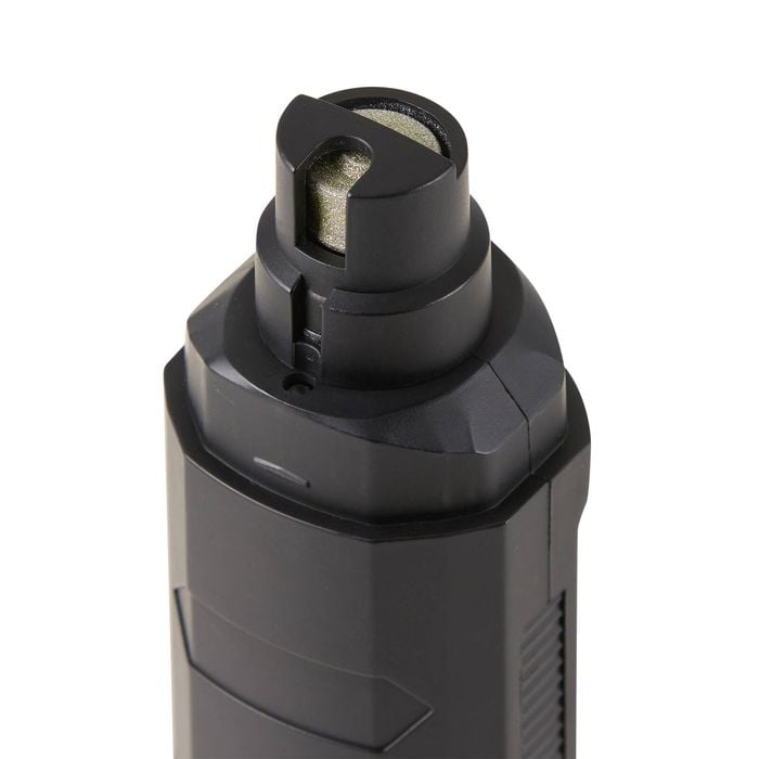 Close-up of a black cylindrical device with a filter on a white background