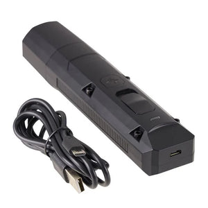 Black electronic device with USB cable on a white background