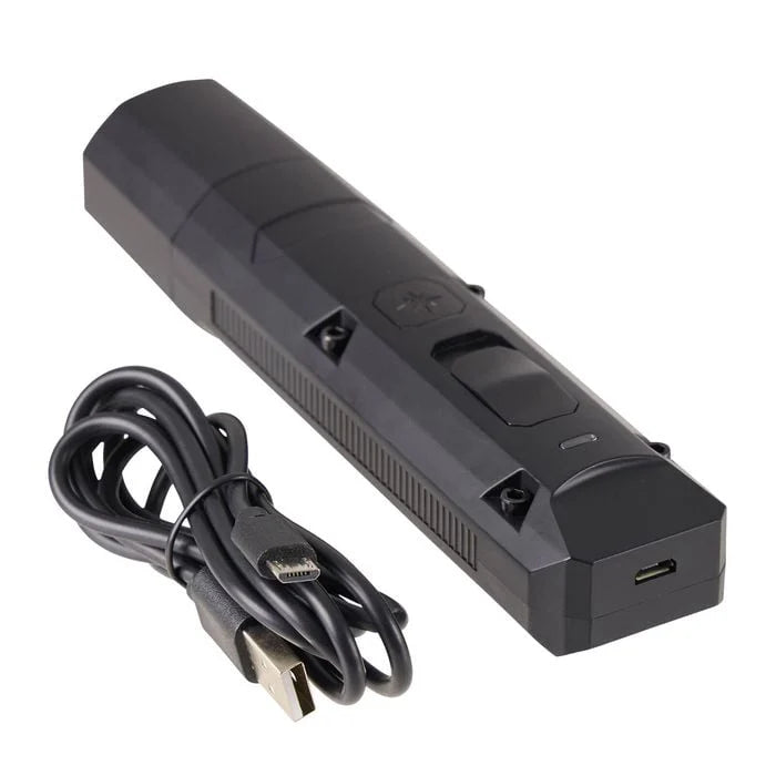 Black electronic device with USB cable on a white background