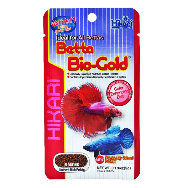 Hikari Betta Bio-Gold fish food packaging with a red and blue betta fish on a white background at Pet Servo