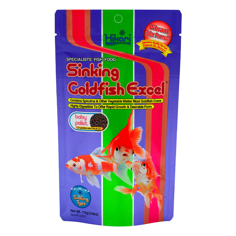 Hikari Sinking Goldfish Excel fish food packaging with colorful design and goldfish illustration at Pet Servo