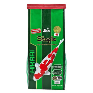 Hikari Staple fish food packaging with a red and white koi fish on a green background at Pet Servo