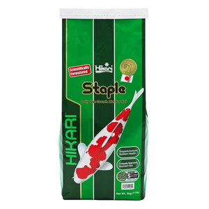 Hikari Staple pond fish food packaging with a koi fish illustration on a green background at Pet Servo