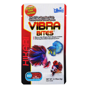 Hikari Vibra Bites fish food packaging with images of betta fish on a white background at Pet Servo