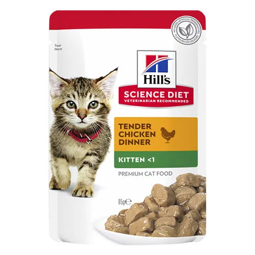 Hill's Science Diet Tender Chicken Dinner Kitten cat food package on a white background at Pet Servo