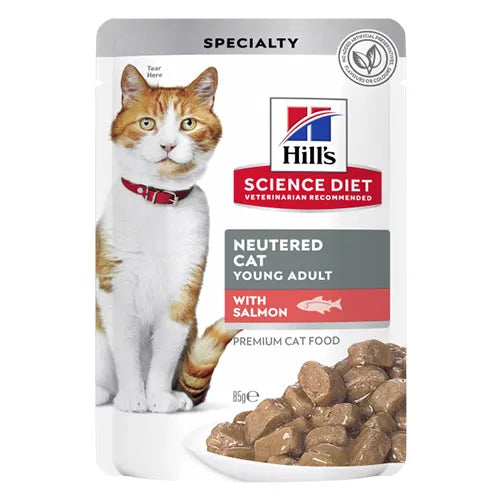 Hill's Science Diet cat food pouch for neutered young adult cats with salmon on a white background at Pet Servo