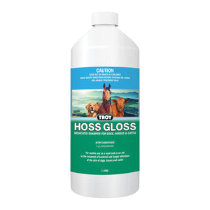 Bottle of Troy Hoss Gloss with images of a dog and horse on a white background at Pet Servo