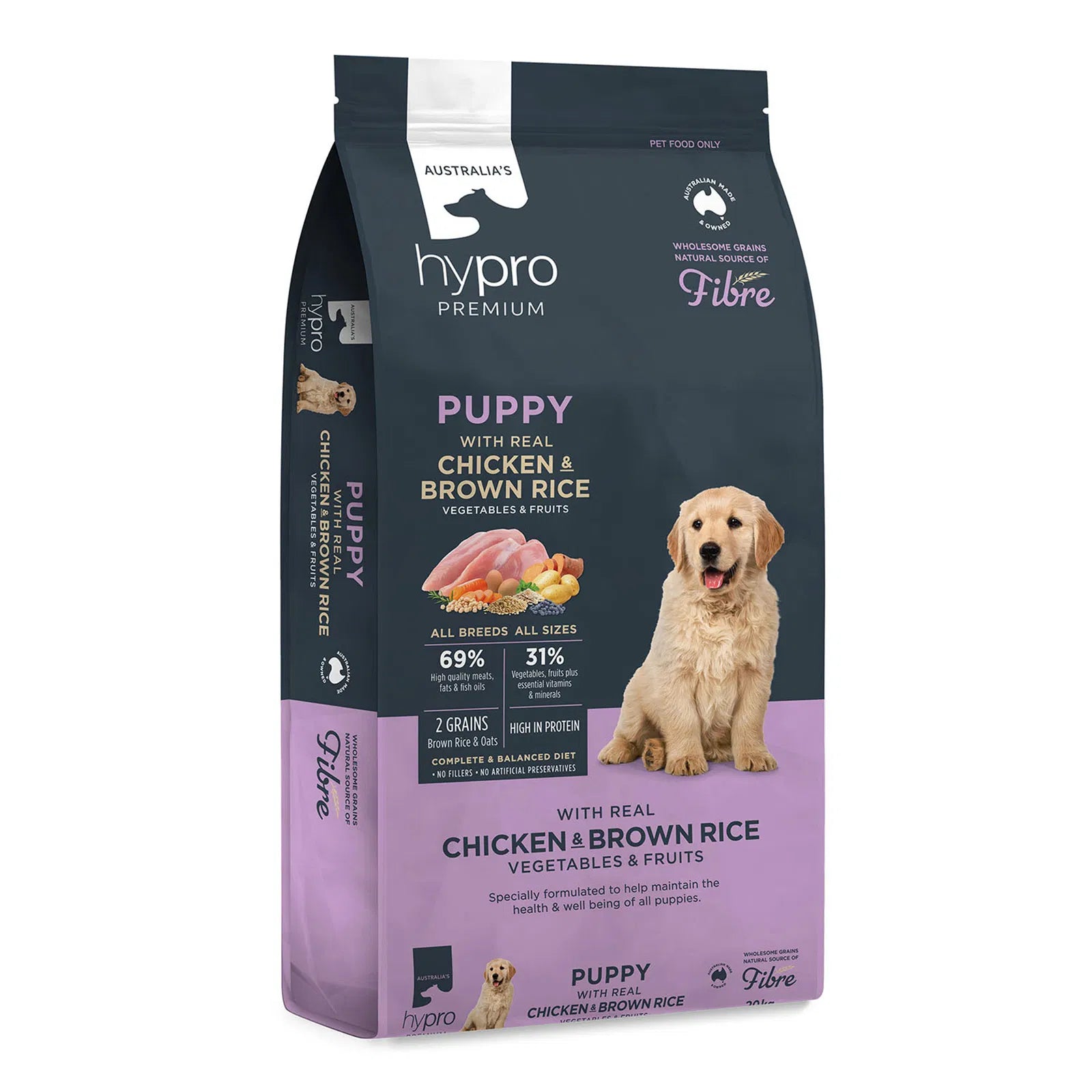 Dog food package with a puppy on the label on a white background at Pet Servo