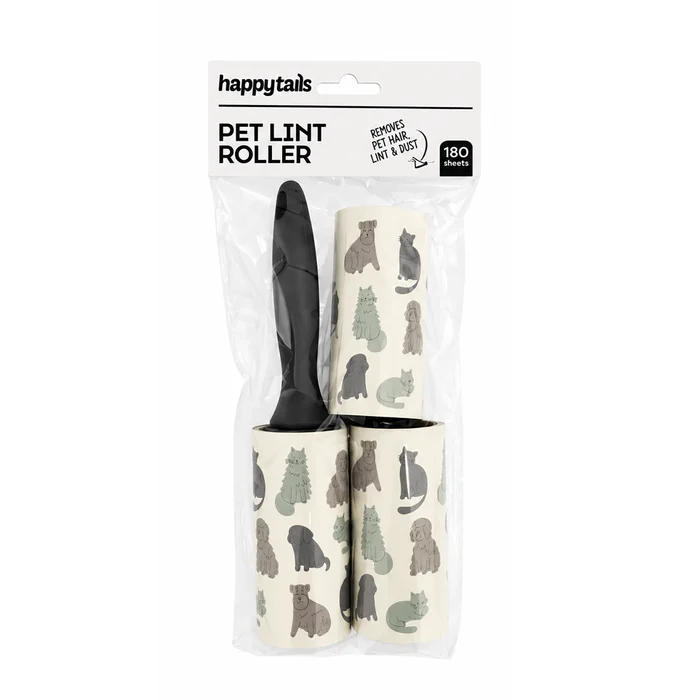 Happytails Pet Lint Roller in clear plastic packaging, featuring a black roller tool and two cream-colored lint rollers printed with a pattern of different dog and cat silhouettes.