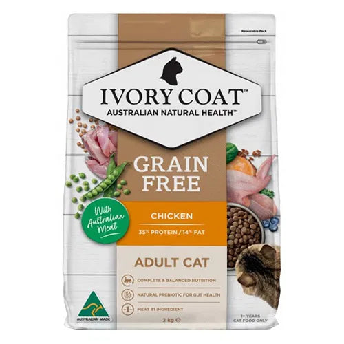 Ivory Coat grain-free cat food package with chicken flavor on a white background at Pet Servo