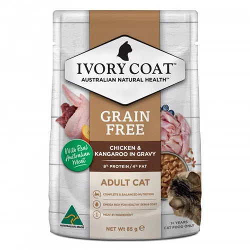 Ivory Coat grain-free cat food pouch for adult cats with chicken and kangaroo in gravy on a white background at Pet Servo
