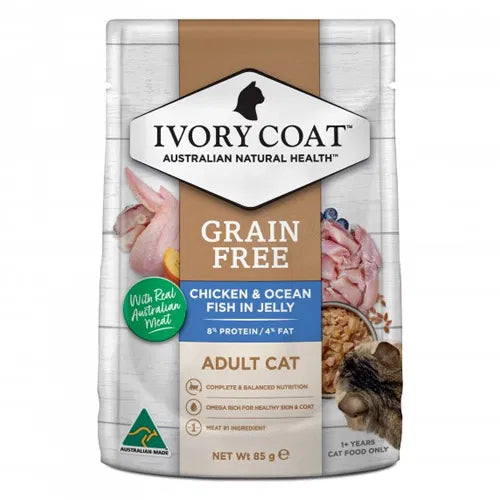 Ivory Coat grain-free cat food package with chicken, ocean fish, and jelly on a white background at Pet Servo