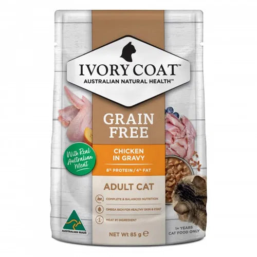 Ivory Coat grain-free cat food package with chicken in gravy on a white background at Pet Servo