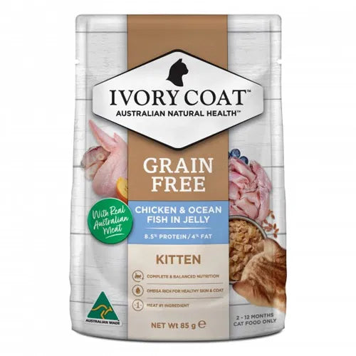 Ivory Coat grain-free kitten food pouch with chicken and ocean fish in jelly on a white background at Pet Servo