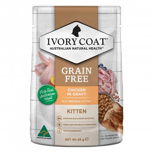 Ivory Coat grain-free kitten food pouch with chicken in gravy on a white background at Pet Servo