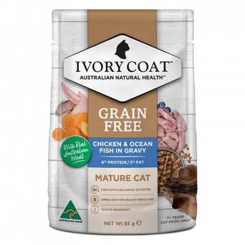 Ivory Coat grain-free cat food package with chicken, ocean fish, and ocean meat on a white background at Pet Servo