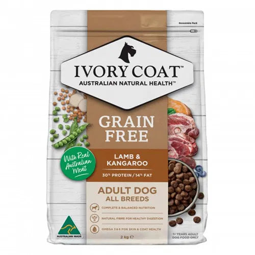 Ivory Coat grain-free lamb & kangaroo dog food package on a white background at Pet Servo
