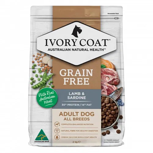Ivory Coat grain-free lamb & sardine dog food package on a white background at Pet Servo