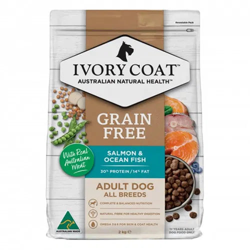 Ivory Coat grain-free dog food package with salmon and ocean fish on a white background at Pet Servo